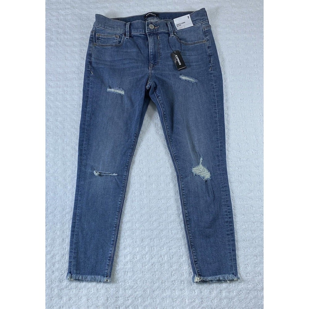 Express‎ Jeans Womens 8 Blue Cropped Legging Mid Rise Stretch Raw Hem Distressed